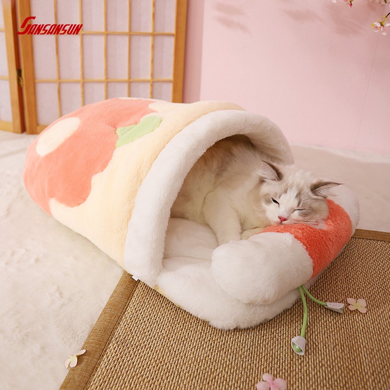 pink cat bed and dog cushion